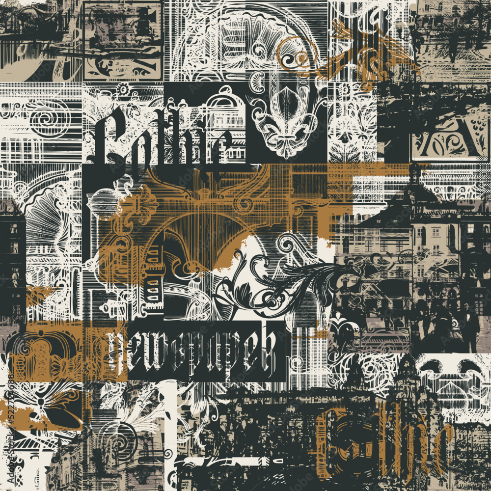 Poster abstract seamless pattern with chaotic layering of vintage architectural elements and old buildings 