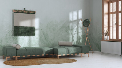 Japandi living room in white and green tones with decorated plaster wall. Minimalist fabric sofa and macrame wall art. Wabi sabi interior design