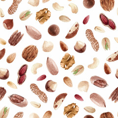 Beautiful seamless pattern with watercolor hand drawn almond walnut hazelnut peanut pecan cashew macadamia brazilian nuts. Stock illustration.