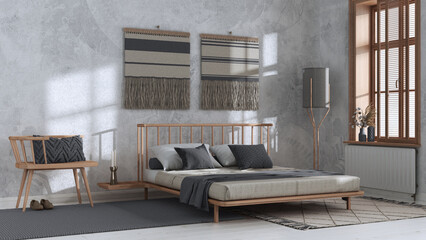 Japandi bedroom in white and gray tones with macrame wall art and wallpaper. Wooden furniture, carpets and double bed. Wabi sabi interior design