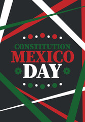 Mexico Constitution Day. National happy holiday, celebrated annual in February. Mexican pattern and colors. Patriotic elements. Festival design. Poster, card, banner and background. Vector