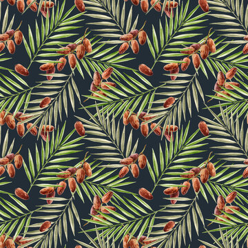 Beautiful tropical seamless pattern with hand drawn watercolor palm tree leaves and date fruit branches. Stock illustration.