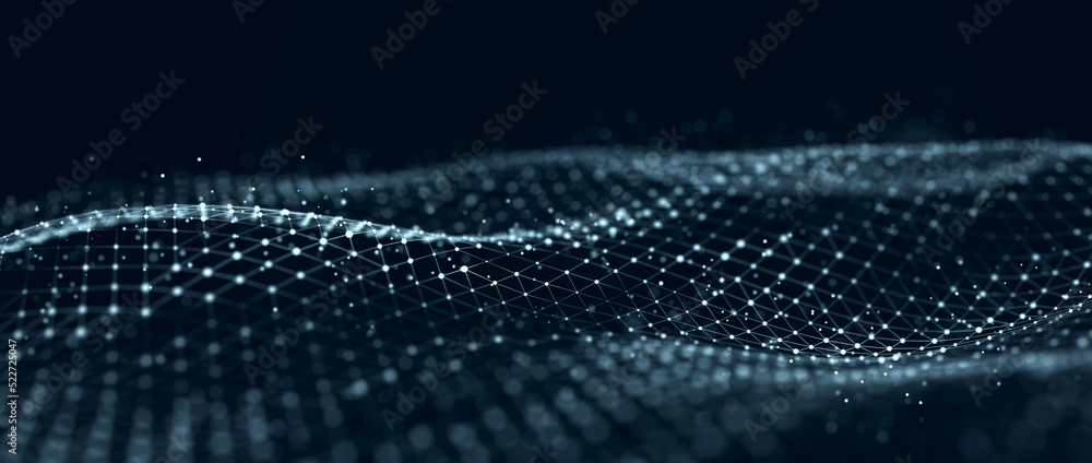 Poster Digital technology. Futuristic background of glowing particles in motion. Large amount of data. 3D rendering.