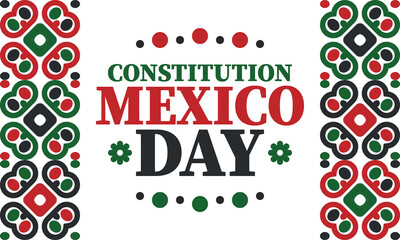 Fototapeta na wymiar Mexico Constitution Day. National happy holiday, celebrated annual in February. Mexican pattern and colors. Patriotic elements. Festival design. Poster, card, banner and background. Vector