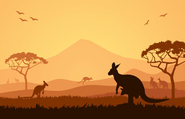 Fototapeta na wymiar Australian Landscape Illustration Vector Design. Kangaroo In Savannah Illustration Art.