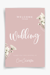 Wedding welcome banner with white flower on pink pastel background. Elegant and minimal style.