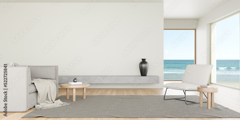 Poster 3d rendering of modern living room with white empty wall and sofa on wooden floor. sea view backgrou