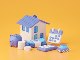 Fototapeta 3d rendering of house with piggy bank, calculator, calendar and money, Real estate concept. obraz