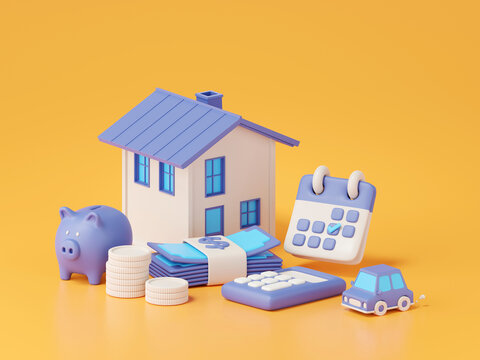 3d Rendering Of House With Piggy Bank, Calculator, Calendar And Money, Real Estate Concept.