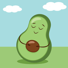 Cartoon illustration of an avocado with a face. blue sky and clouds
