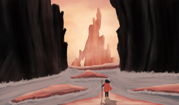 An adventurer boy with a walking stick was looking at the beautiful mountain in the valley where the river flows. Wonderland adventure concept. Digital art style. illustration painting