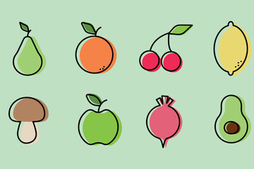 Set of eight colored icons of fruits and vegetables