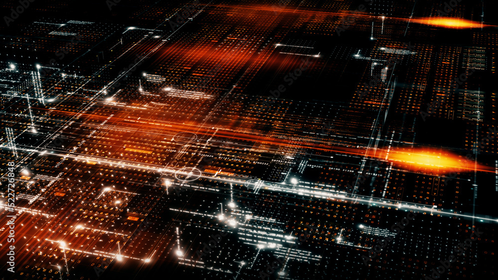 Aufkleber Advance digital generated motion abstract matrix cyber environment big data analytic artificial intelligent metaverse simulation, head up display background