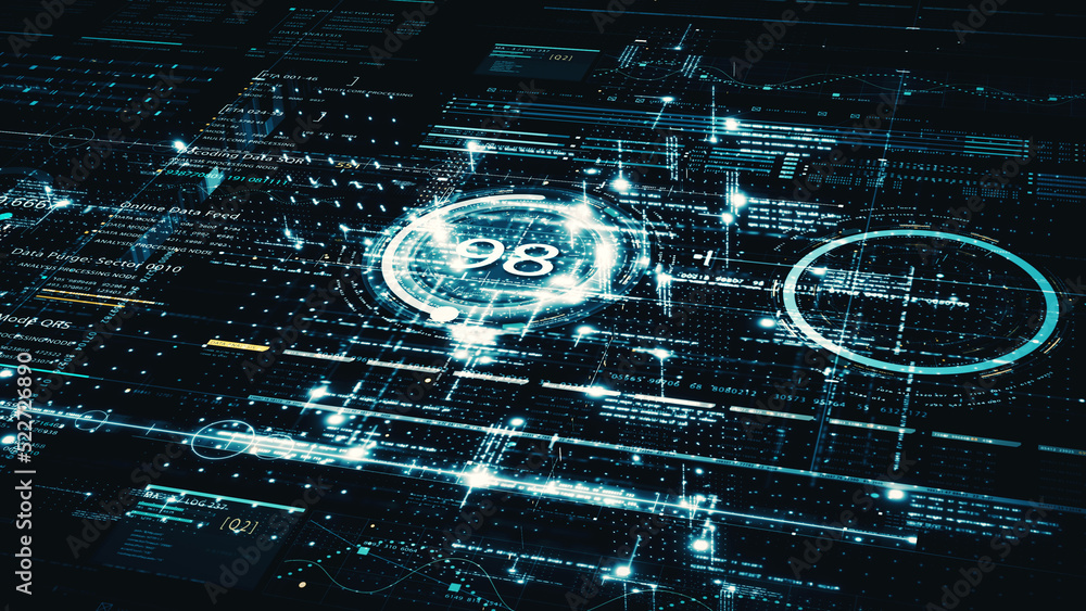 Aufkleber Advance digital generated motion abstract matrix cyber environment big data analytic artificial intelligent metaverse simulation, head up display background