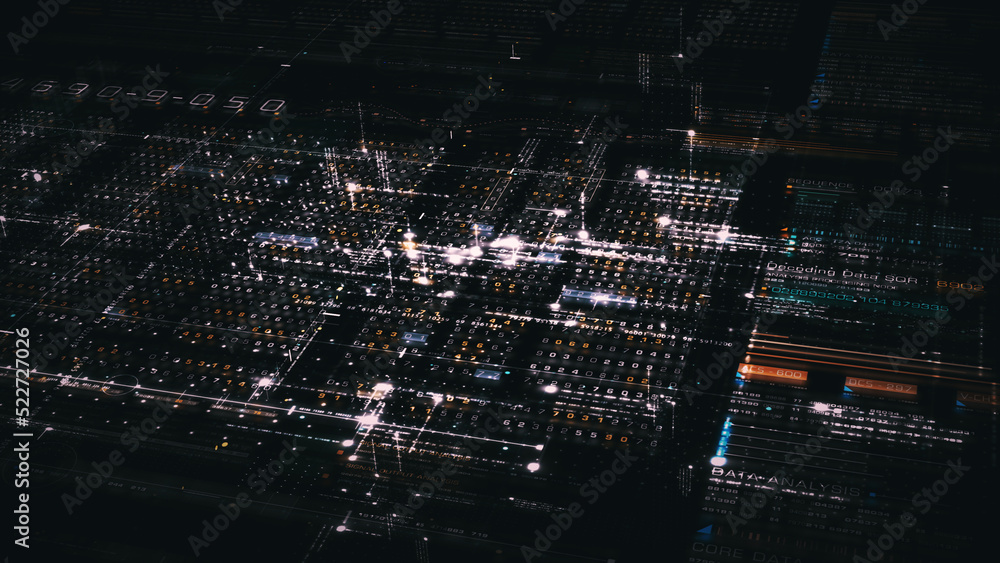 Poster Advance digital generated motion abstract matrix cyber environment big data analytic artificial intelligent metaverse simulation, head up display background