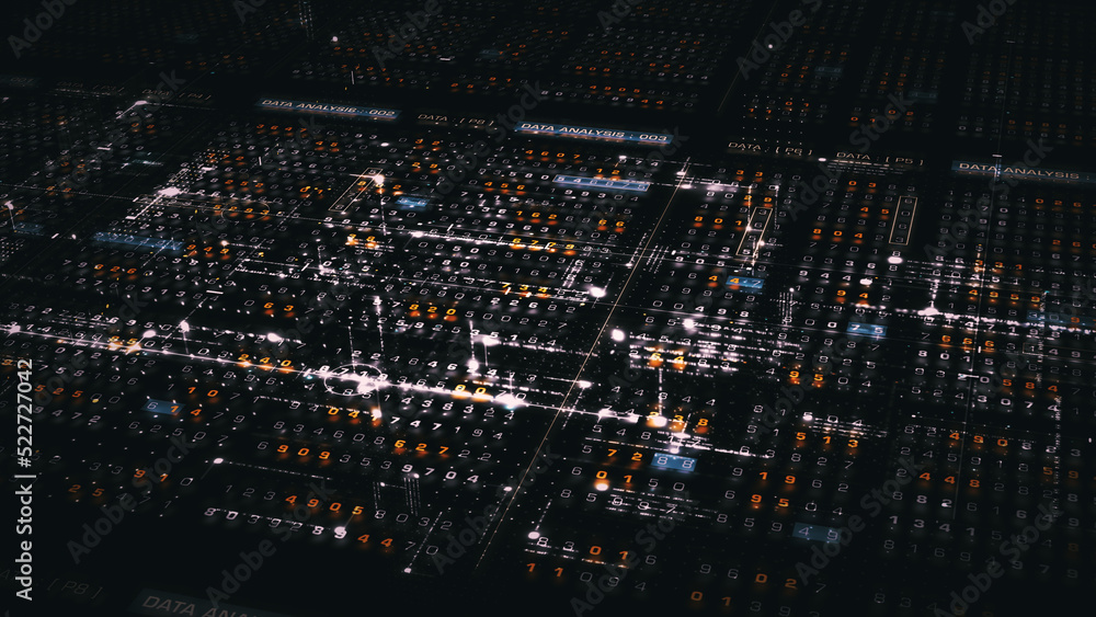 Poster Advance digital generated motion abstract matrix cyber environment big data analytic artificial intelligent metaverse simulation, head up display background