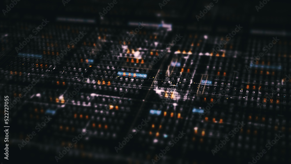 Aufkleber Advance digital generated motion abstract matrix cyber environment big data analytic artificial intelligent metaverse simulation, head up display background