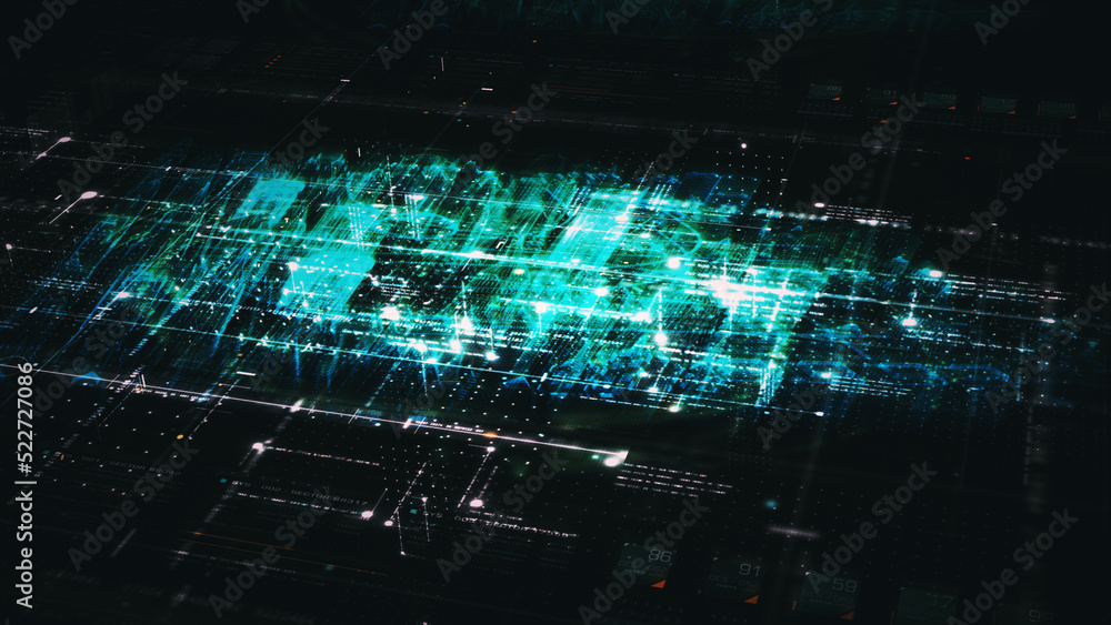 Aufkleber Advance digital generated motion abstract matrix cyber environment big data analytic artificial intelligent metaverse simulation, head up display background