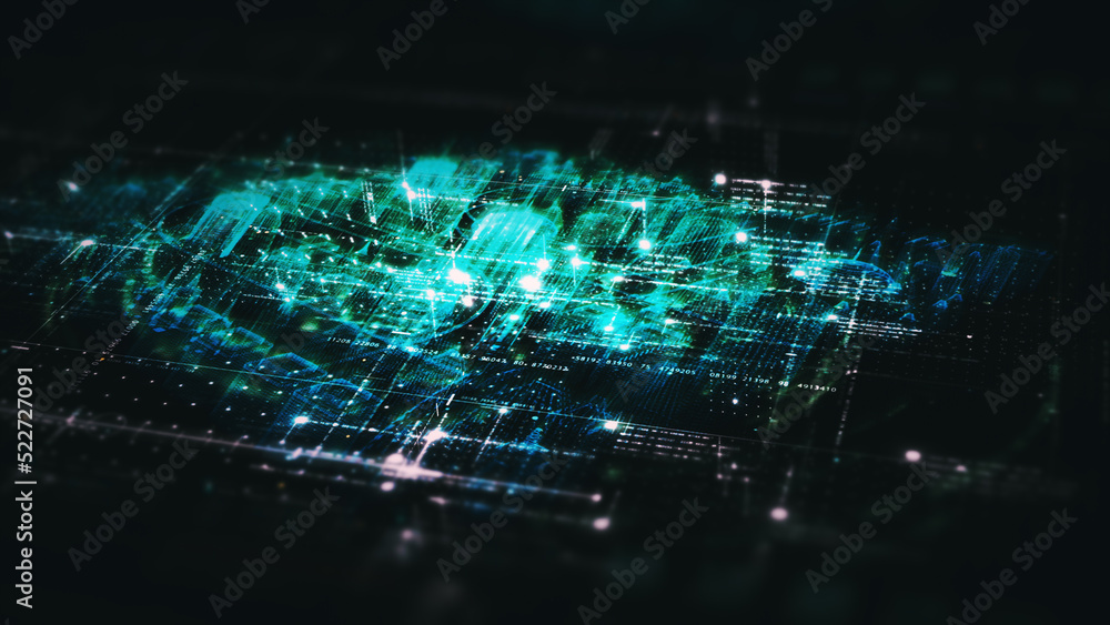 Poster Advance digital generated motion abstract matrix cyber environment big data analytic artificial intelligent metaverse simulation, head up display background