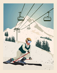 Vintage poster. Winter background. Mountain landscape with ski lift and experienced skier slides from the mountain