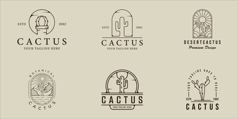 set of cactus line art logo vector simple minimalist illustration template icon graphic design. bundle collection of various botanical at desert sign or symbol environment with badge typography - obrazy, fototapety, plakaty
