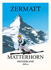 Experienced female skier glides on skis against the backdrop of the Matterhorn mountain. Zermatt ski resort vintage poster travel illustration design, swiss alps poster design