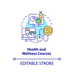 Fototapeta na wymiar Health and wellness courses concept icon. Fitness and nutrition. Online tutorial idea abstract idea thin line illustration. Isolated outline drawing. Editable stroke. Arial, Myriad Pro-Bold fonts used