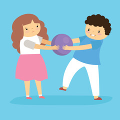 Girl and boy take the ball away from each other