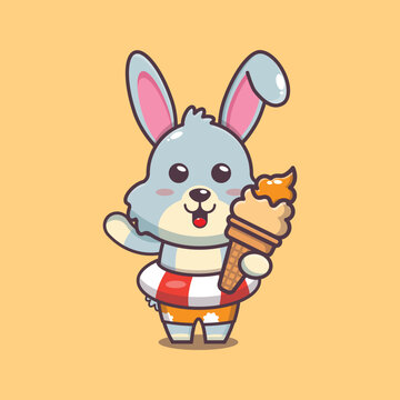 Cute rabbit cartoon mascot character with ice cream on beach