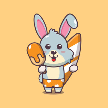 Cute rabbit cartoon mascot character with surfboard holding ice