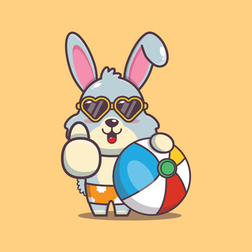Cute rabbit cartoon mascot character in sunglasses with beach ball