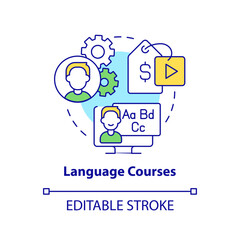 Language courses concept icon. Speak foreign language. Online tutorial idea abstract idea thin line illustration. Isolated outline drawing. Editable stroke. Arial, Myriad Pro-Bold fonts used