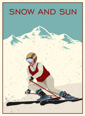 Poster. Advanced woman skiers slides near the mountain downhill. Cross-country skiers. Sports descent on skis from the mountain. Vector illustration. - 522727227