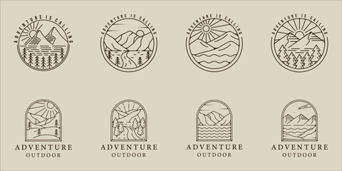 set of mountain and lake logo line art vector simple minimalist illustration template icon graphic design. bundle collection of various adventure and outdoors sign or symbol for travel business