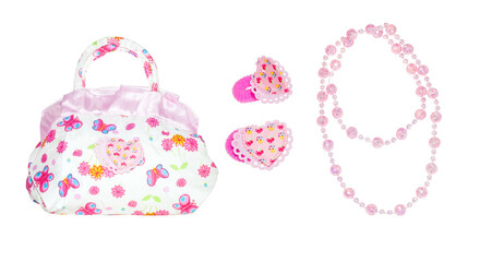 Baby bag, hair bands and beads on a transparent isolated background. Children's set for girls with butterflies and flowers