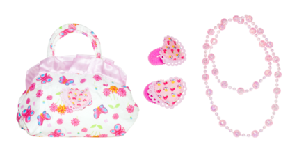Baby bag, hair bands and beads on a transparent isolated background. Children's set for girls with butterflies and flowers
