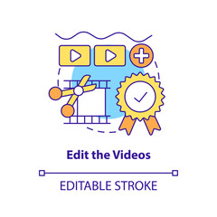 Edit videos concept icon. Cut and add transitions. E Learning video tip abstract idea thin line illustration. Isolated outline drawing. Editable stroke. Arial, Myriad Pro-Bold fonts used