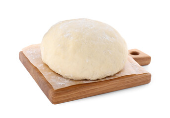 Fototapeta na wymiar Fresh raw wheat dough on wooden board against white background