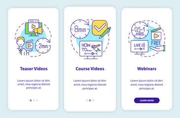 Online tutorials types onboarding mobile app screen. Walkthrough 3 steps editable graphic instructions with linear concepts. UI, UX, GUI template. Myriad Pro-Bold, Regular fonts used