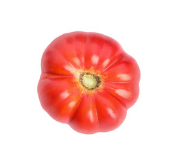 Whole ripe red tomato isolated on white, top view