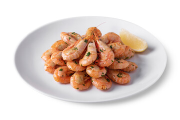Boiled prawns with parsley and lemon