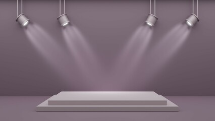 3D rendered podium for your product showcase. Abstract modern minimal background with emty podium and studio style with spotlights.