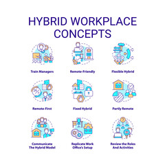 Fototapeta na wymiar Hybrid workplace concept icons set. Remote and in office work shifts. Flexible schedule idea thin line color illustrations. Isolated symbols. Editable stroke. Roboto-Medium, Myriad Pro-Bold fonts used