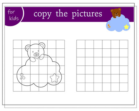 Copy the picture, educational games for kids, Cartoon bear sleeping in the clouds. vector
