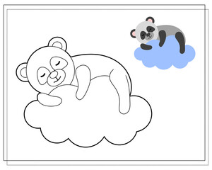 Coloring book for children. Draw a cute cartoon panda sleeping in the clouds based on the drawing. Vector