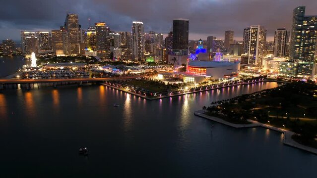 Aerial Time Lapse Backward Shot Of Ftx Arena In Illuminated City -  Miami, Florida