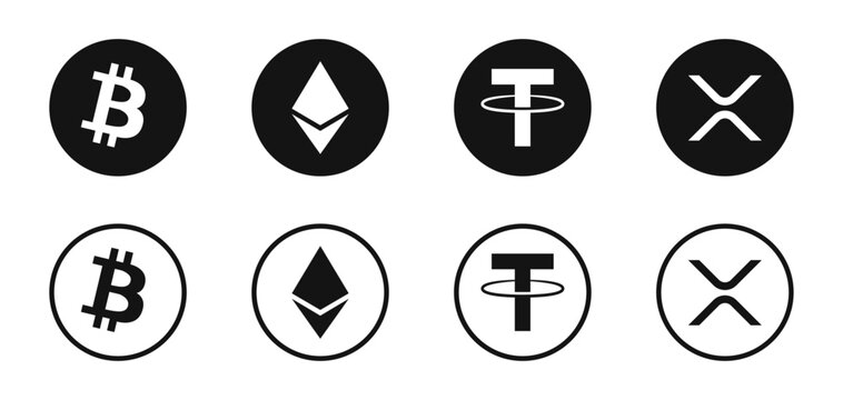 Cryptocurrency logo. A set of the best cryptocurrency token logos. Bitcoin, Ethereum, USDT, and XRP. Editorial vector illustration