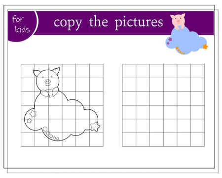 Copy the picture, educational games for kids, Cartoon pig sleeping in the clouds. vector