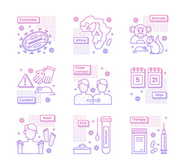 Monkeypox virus medicine concept. A set of icons about monkeypox. Gradient. Vector line illustration isolated on a white background.