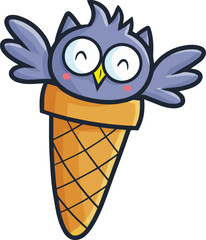 Cute purple owl in ice cream cone illustration